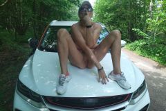 dirty mom in the forest spread her legs and licks a car