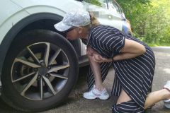 dirty mom in the forest spread her legs and licks a car