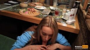 Public Blowjob Under The Table In The Restaurant. Cum in Mouth.