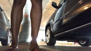 Peeing in crowded parking lot – ALMOST CAUGHT